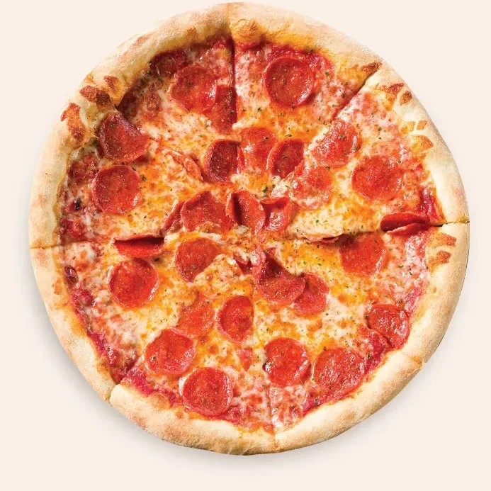 Overhead view of a round pepperoni pizza with melted cheese and herbs.