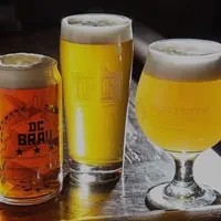 Three distinct beer glasses, amber and golden, on a dark surface.