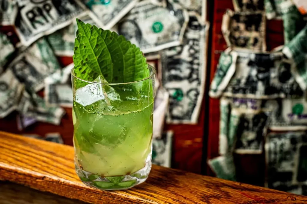 Vibrant green cocktail with ice, leaf on wood, dollar bills behind.