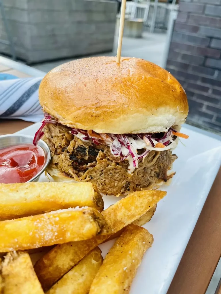 Pulled pork sandwich with coleslaw, fries, and ketchup on a white plate.