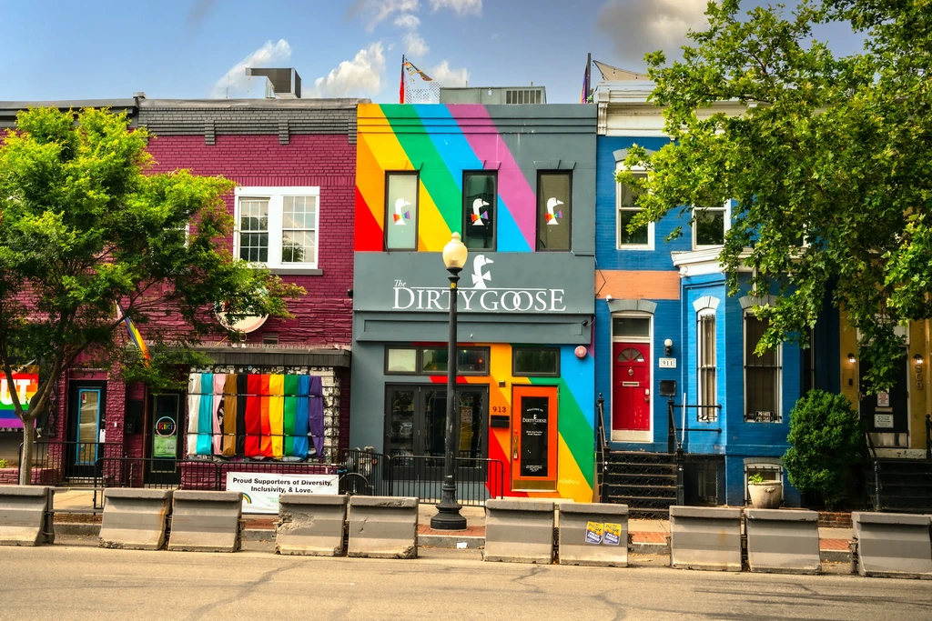 The Dirty Goose bar flanked by rainbow-striped buildings and a diversity sign.