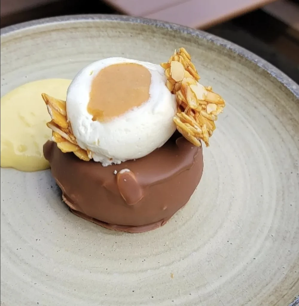 Chocolate dessert with white ice cream, caramel, almonds, and yellow sauce.