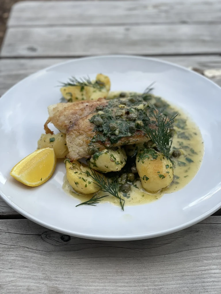 Pan-fried fish with herbed green sauce, potatoes, and lemon.