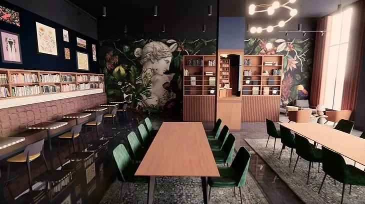 Modern restaurant interior with classical bust mural, banquette, and lounge.