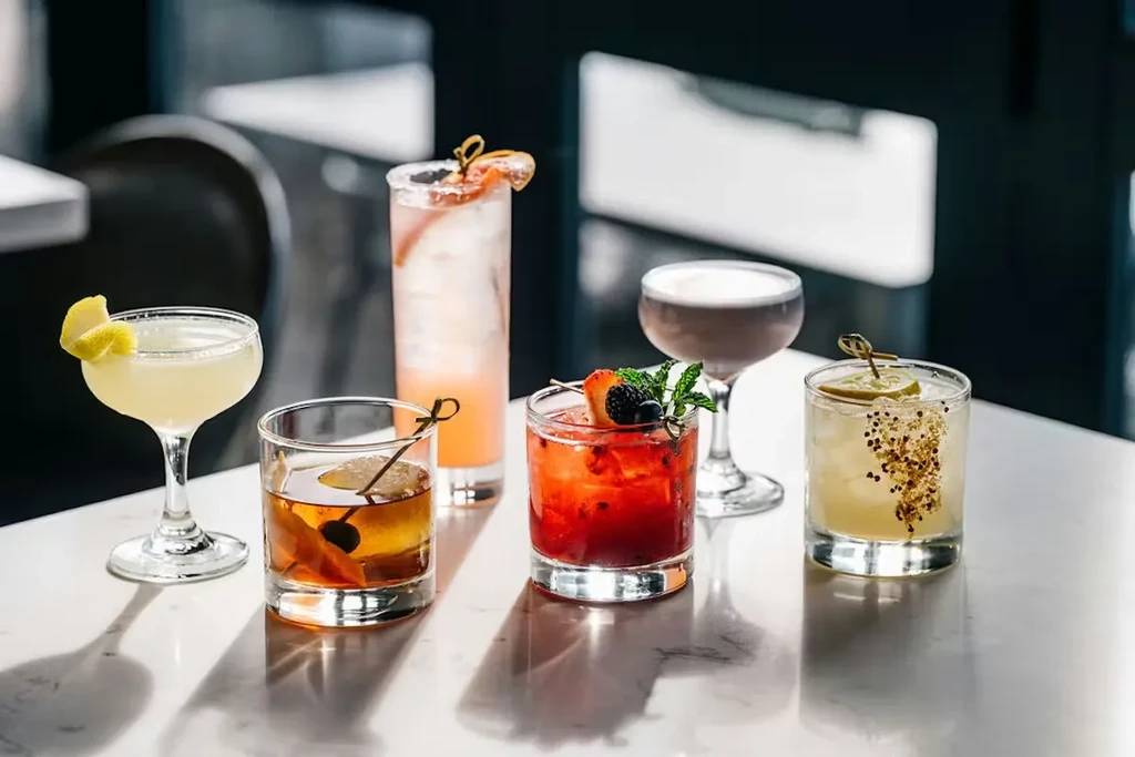 Six distinct cocktails in different glasses with unique garnishes.