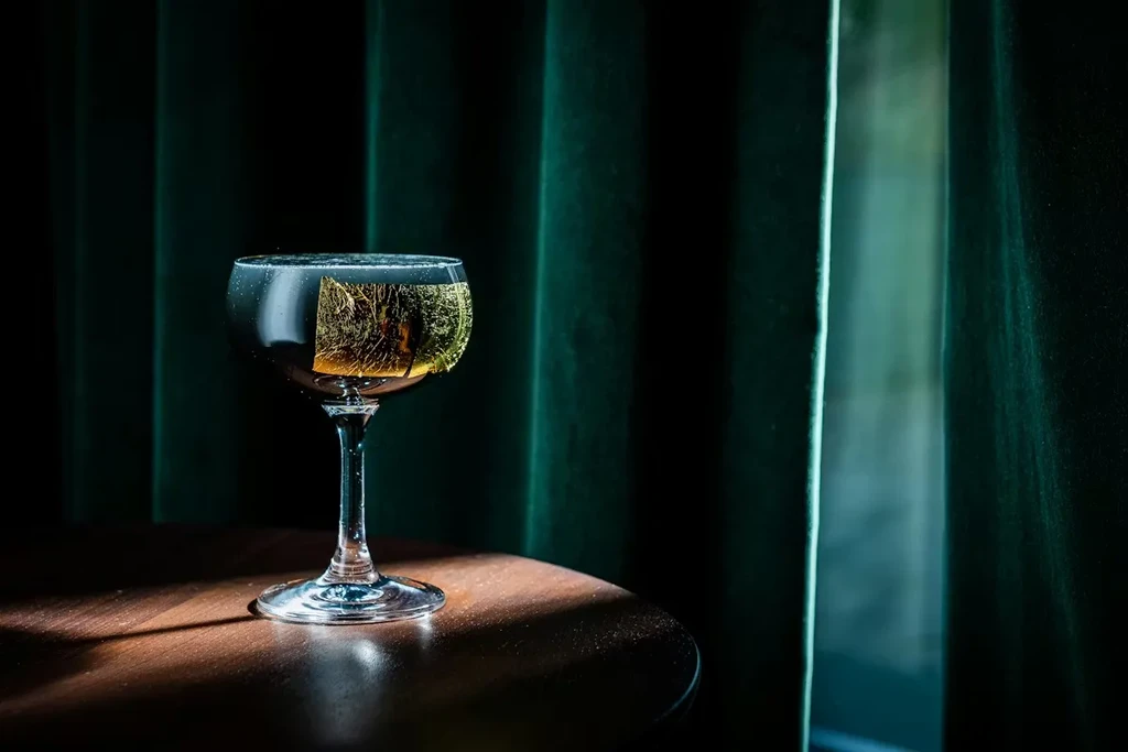 Effervescent cocktail with dehydrated fruit garnish on dark wood and velvet.