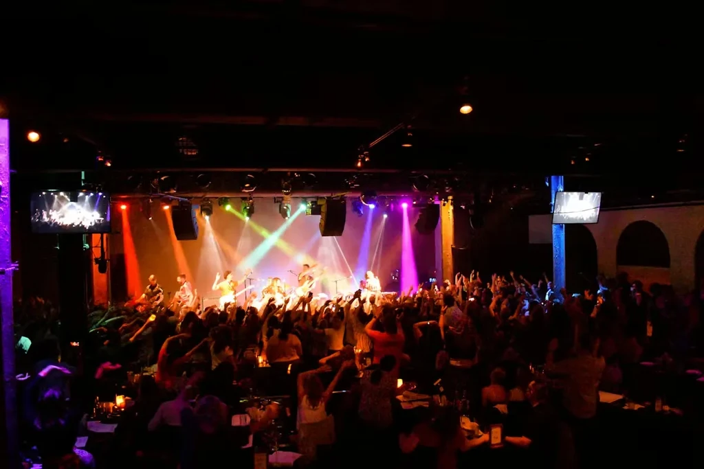 Colorful spotlights illuminate a live band performing for an energetic crowd.