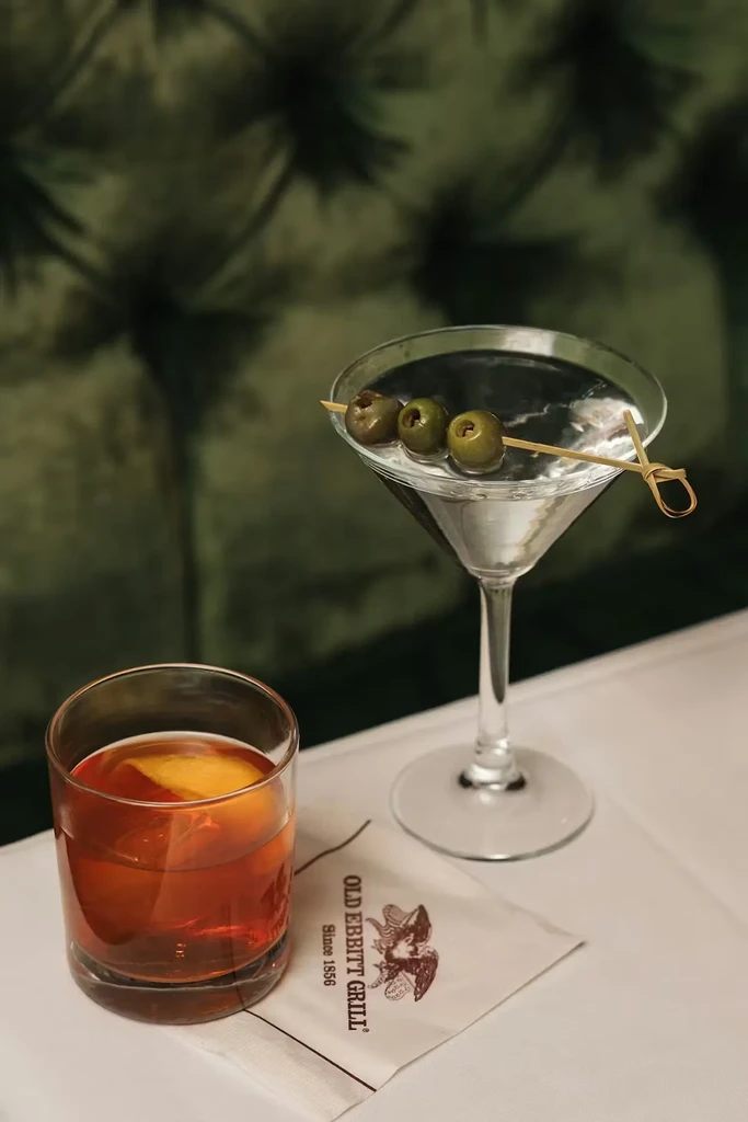 Two cocktails, an Old Fashioned and a Martini, at Old Ebbitt Grill.