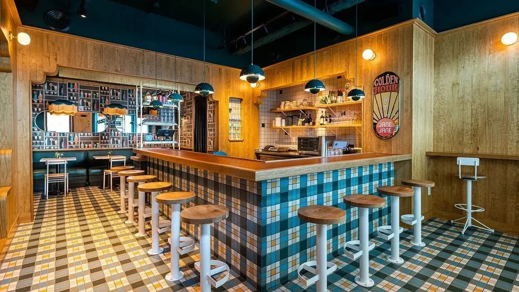 Modern bar interior with plaid-tiled counter and checkered floor.