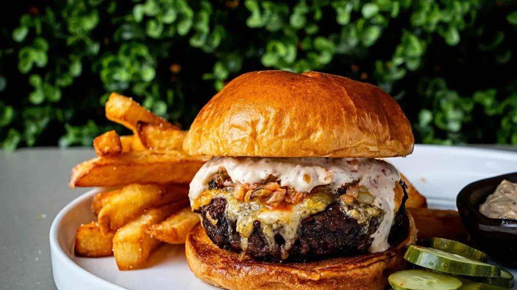 Gourmet burger with cheese and sauce, fries, pickles, dipping sauce.
