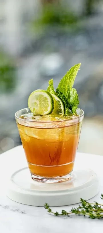 Amber drink in clear glass with lime, mint, and ice.