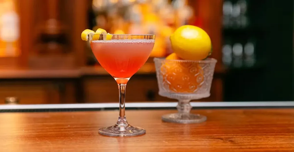 Red-pink cocktail in coupe glass, lemon peel, citrus bowl on bar.