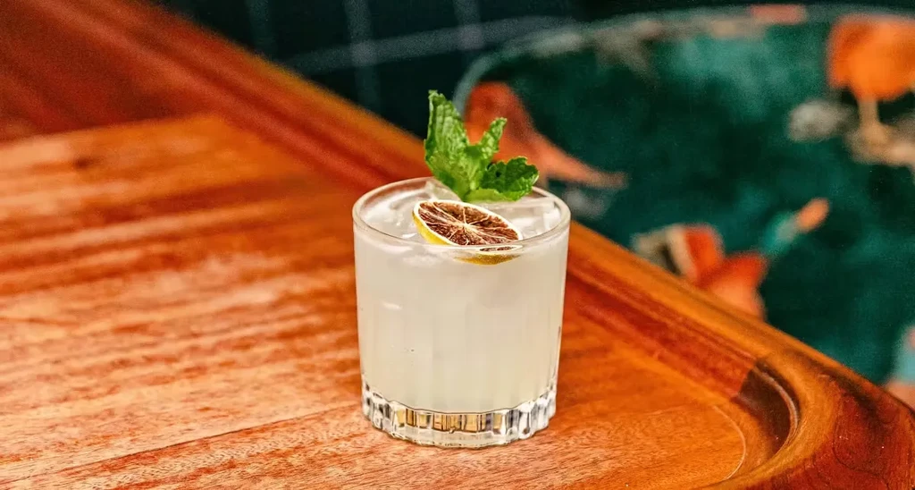 Light cocktail in a faceted glass with mint and citrus on wood.