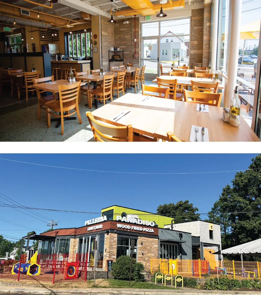 Collage: Pizzeria Paradiso restaurant interior and exterior with play area.
