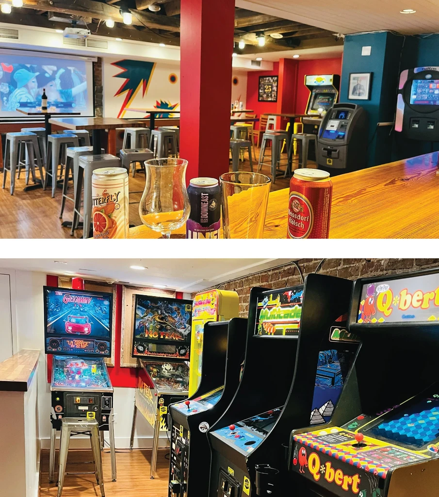 Arcade bar interior with drinks, seating, and classic games.