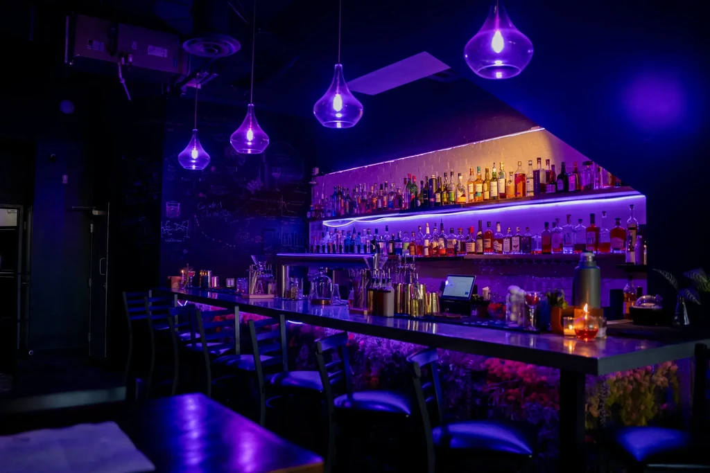 Modern bar interior, purple and blue LED lights illuminate liquor bottles.
