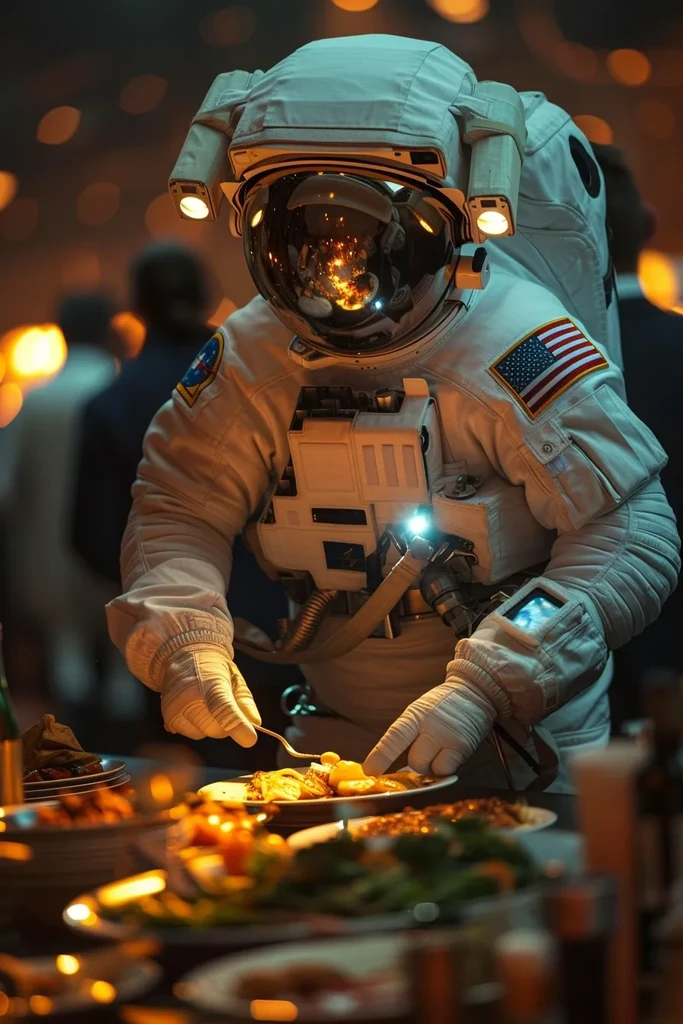 Astronaut in white spacesuit serves food from a brightly lit buffet.