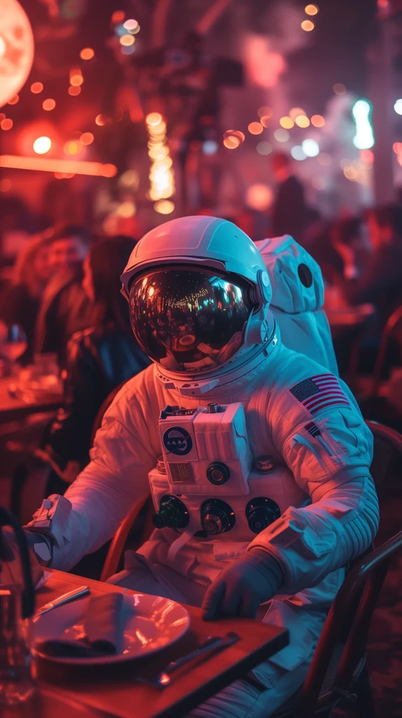 White-suited astronaut sits at table in a neon-lit restaurant.
