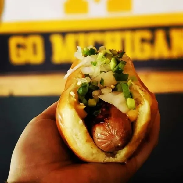 Hand holding a hot dog with onions, green toppings, and red sauce.