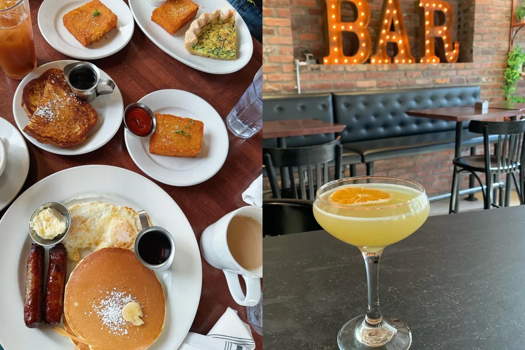 Vertical diptych of a brunch spread and a bar scene.