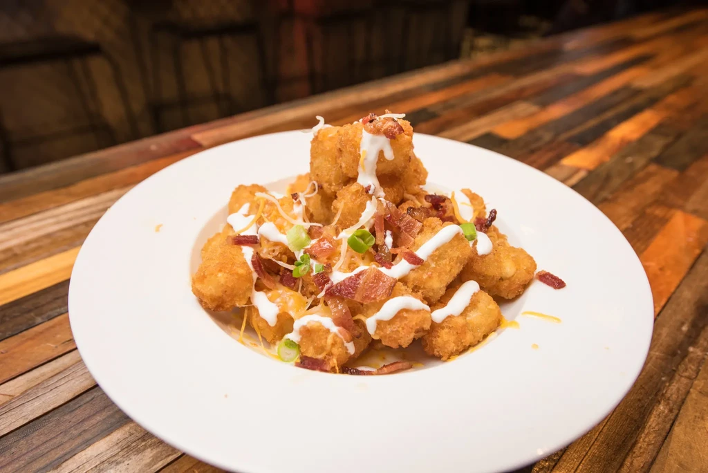 Plate of loaded tater tots with cheese, bacon, sauce, green onions.
