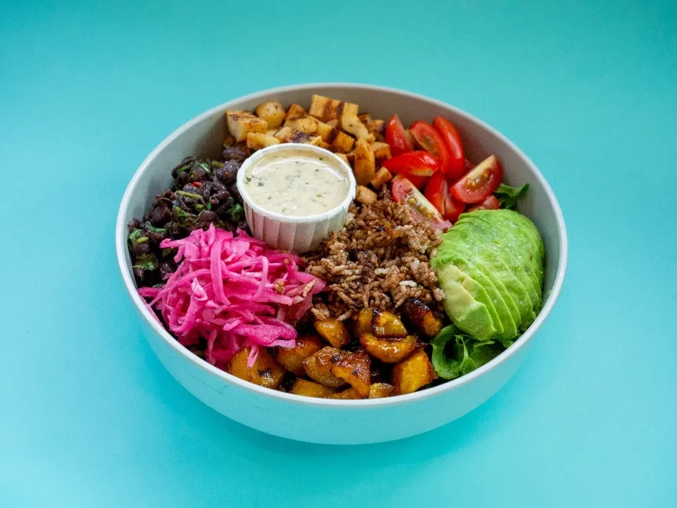 A colorful food bowl with greens, rice, plantains, avocado, and pickled onions.