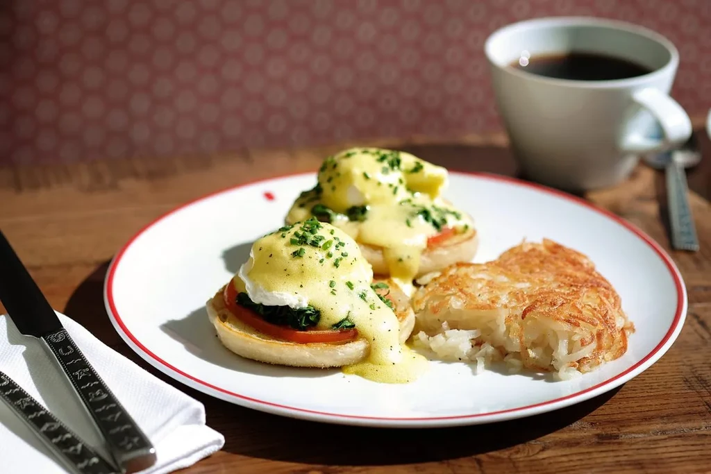 Close-up of Eggs Benedict, hash browns, and coffee on a wooden table.