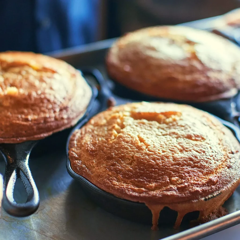 Three golden-brown cornbread muffins in mini cast-iron skillets.