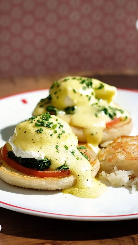 Plate with two Eggs Benedict, hollandaise, chives, and crispy hash browns.