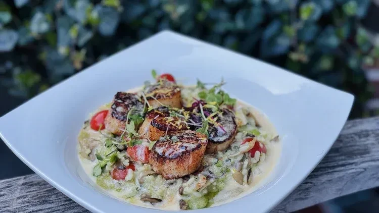 Seared scallops on creamy risotto with vegetables and lemon zest.