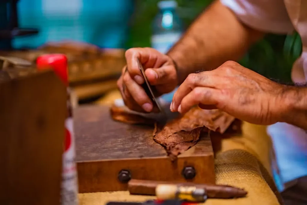 Close-up of hands rolling a cigar on a wooden surface.