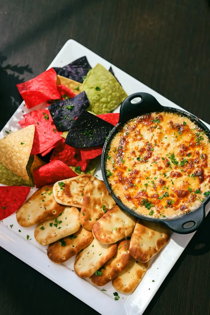 Skillet baked dip, garnished with herbs, served with chips and crackers.