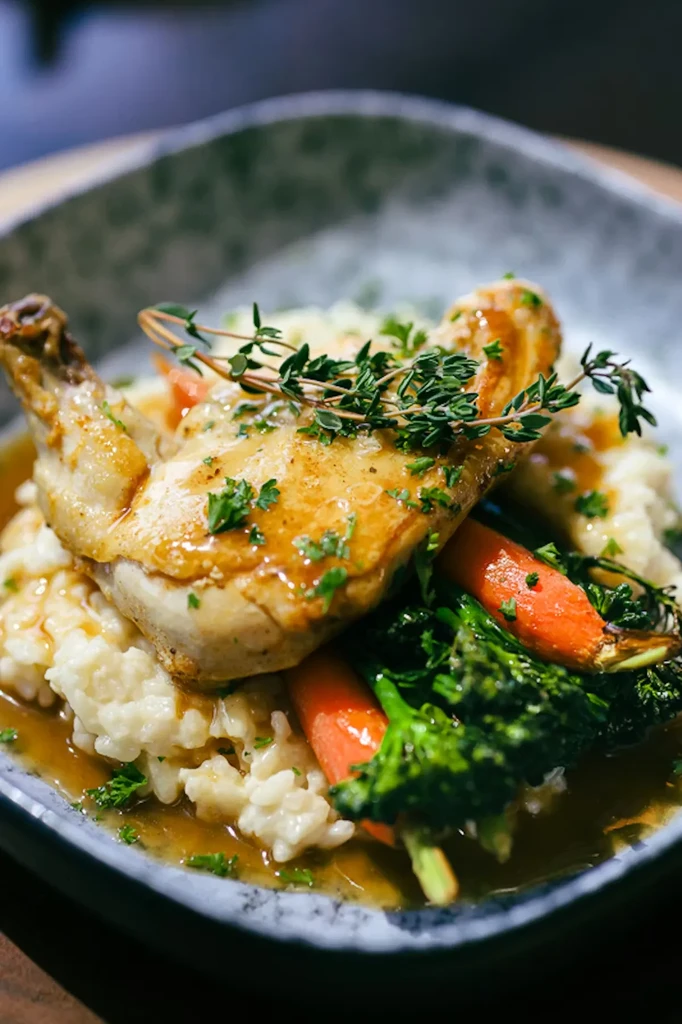 Roasted chicken, carrots, broccoli, and creamy starch in a rustic bowl.