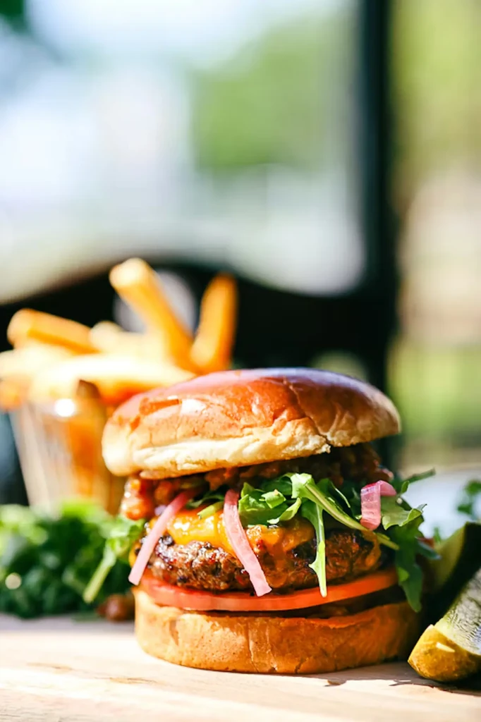 Well-stacked gourmet beef burger with cheese, arugula, and pickled onions.