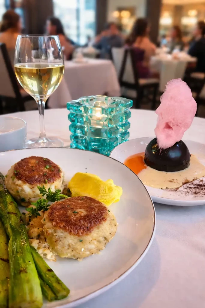 Upscale restaurant meal with crab cakes, chocolate dessert, and white wine.