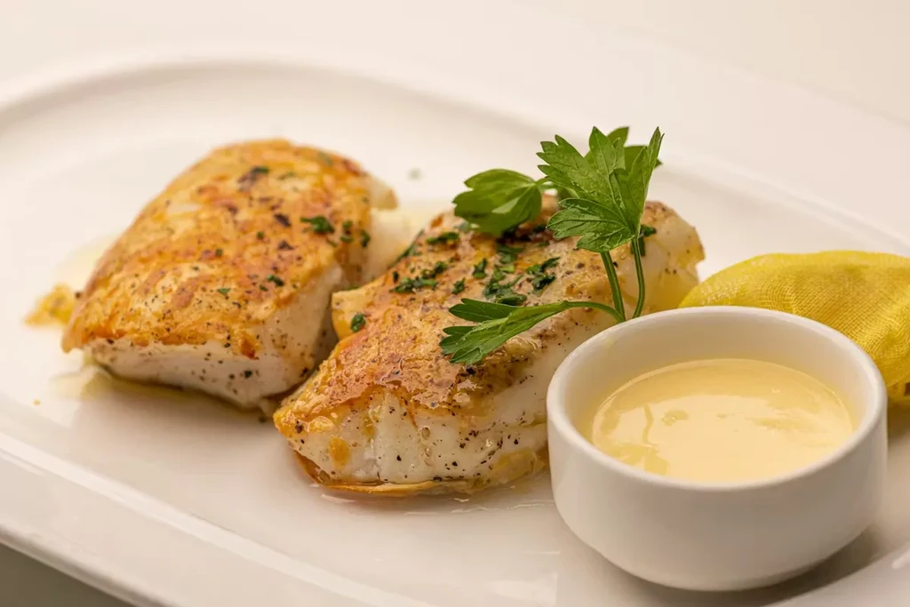 Two cooked fish fillets, garnished with parsley, sauce, and lemon.