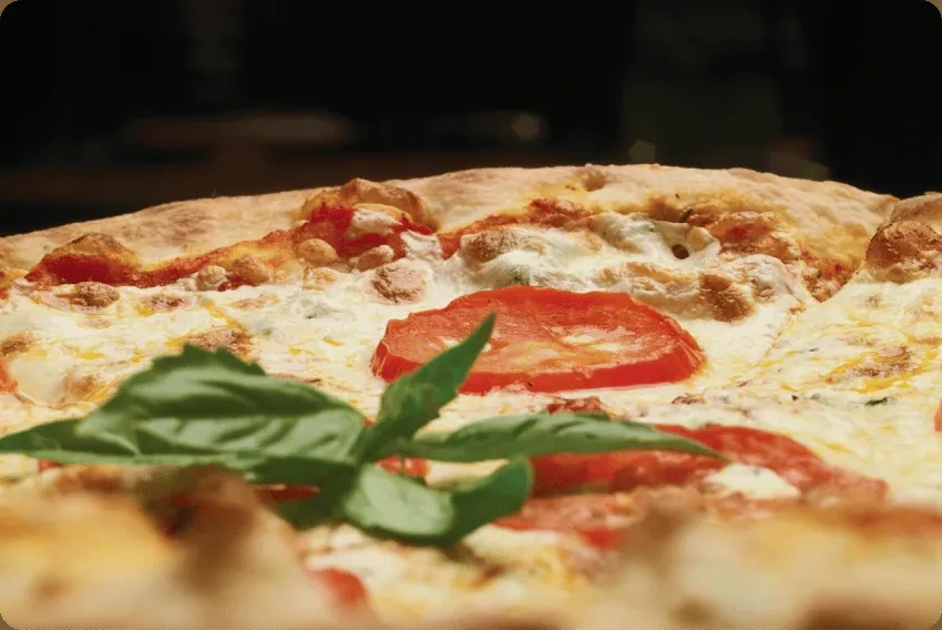 Close-up of pizza with golden crust, melted cheese, tomatoes, and basil.