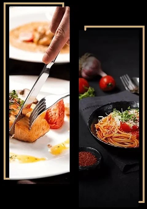 Diptych of cooked fish being cut and a bowl of spaghetti.