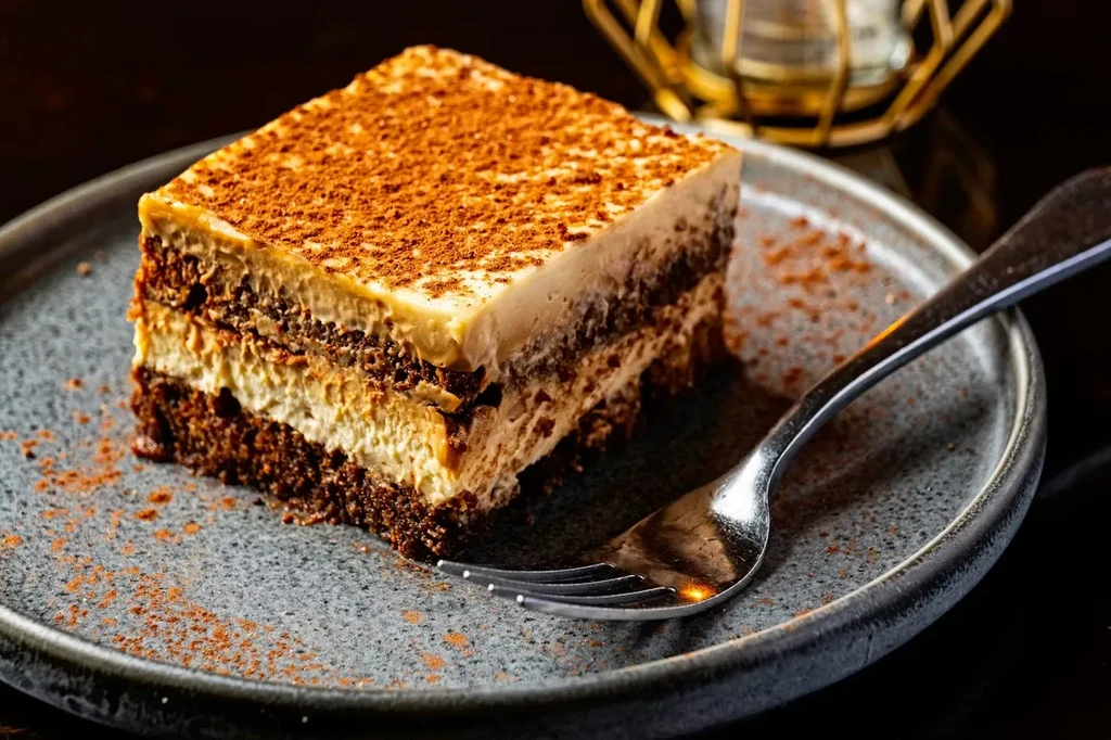 Rectangular layered dessert with cocoa powder, fork on grey plate.