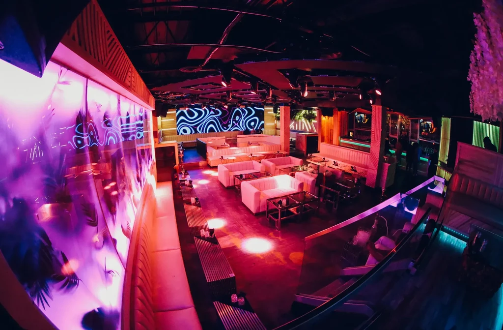 Vibrant modern lounge interior with purple, pink, and blue neon lights.