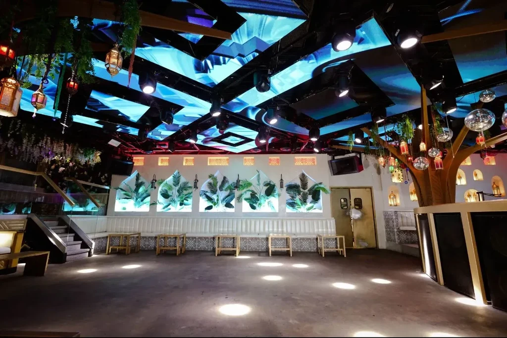 Eclectic bar interior with modern lighting, varied lanterns, and plants.