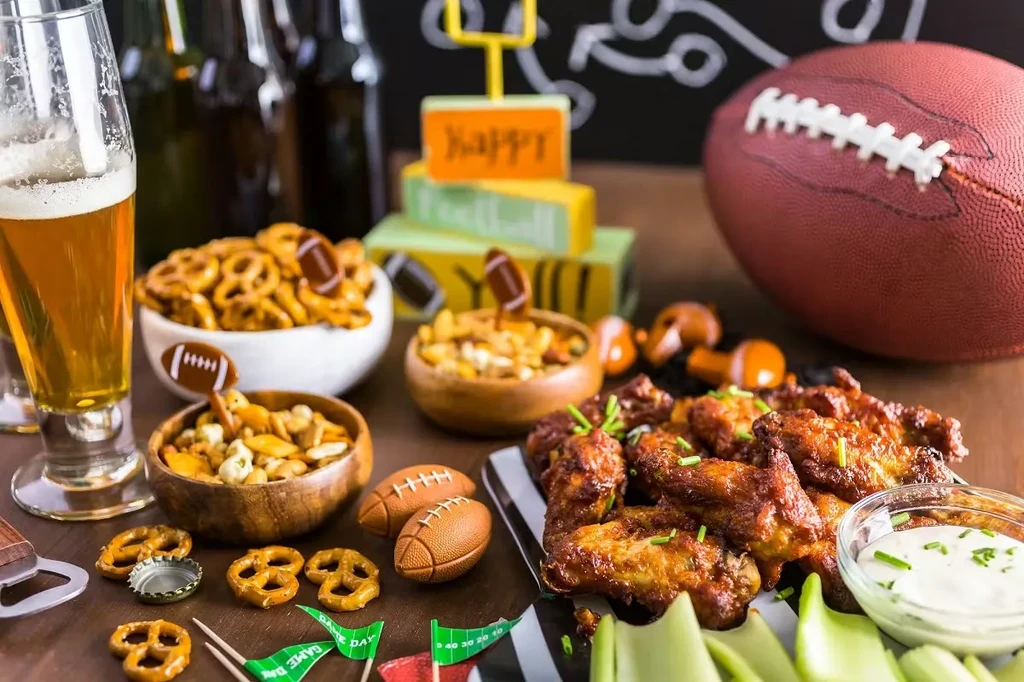 Football game day spread with wings, beer, pretzels, and snacks.