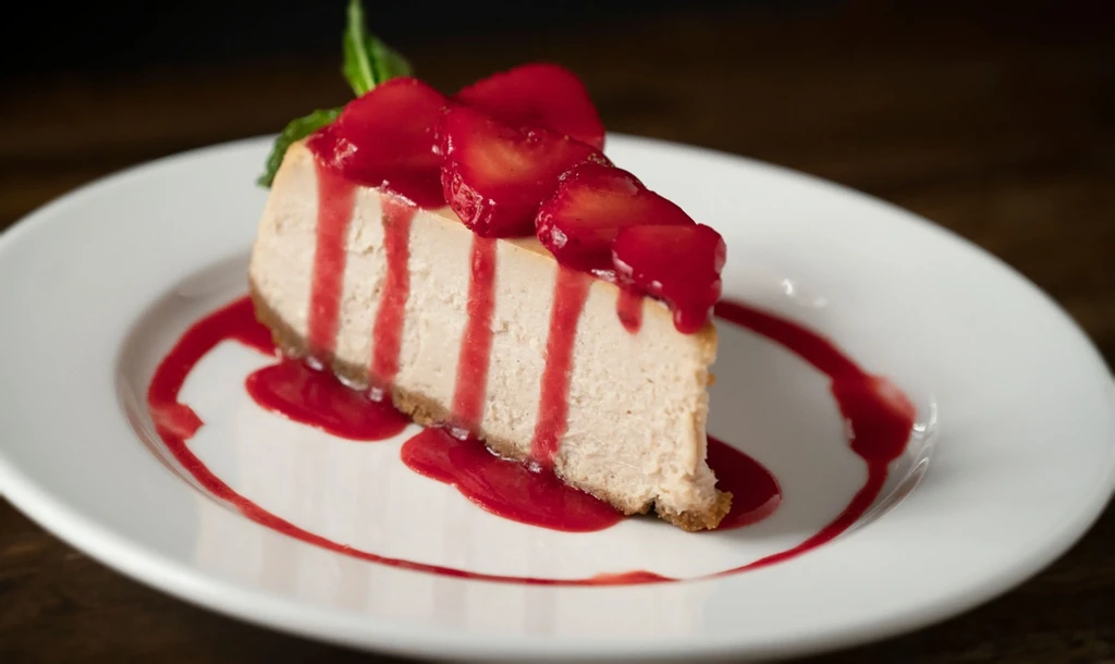 Cheesecake slice with strawberry sauce, fresh strawberries, and mint leaf.