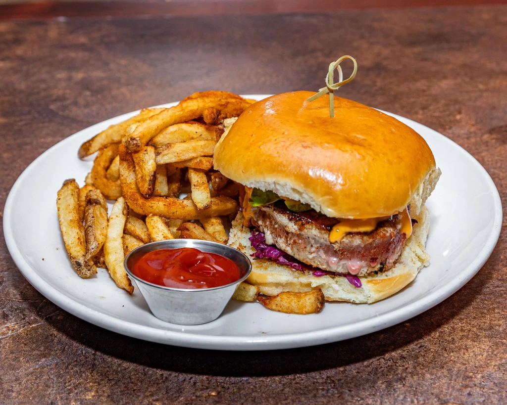 Gourmet burger, crispy fries, and ketchup on a white plate.
