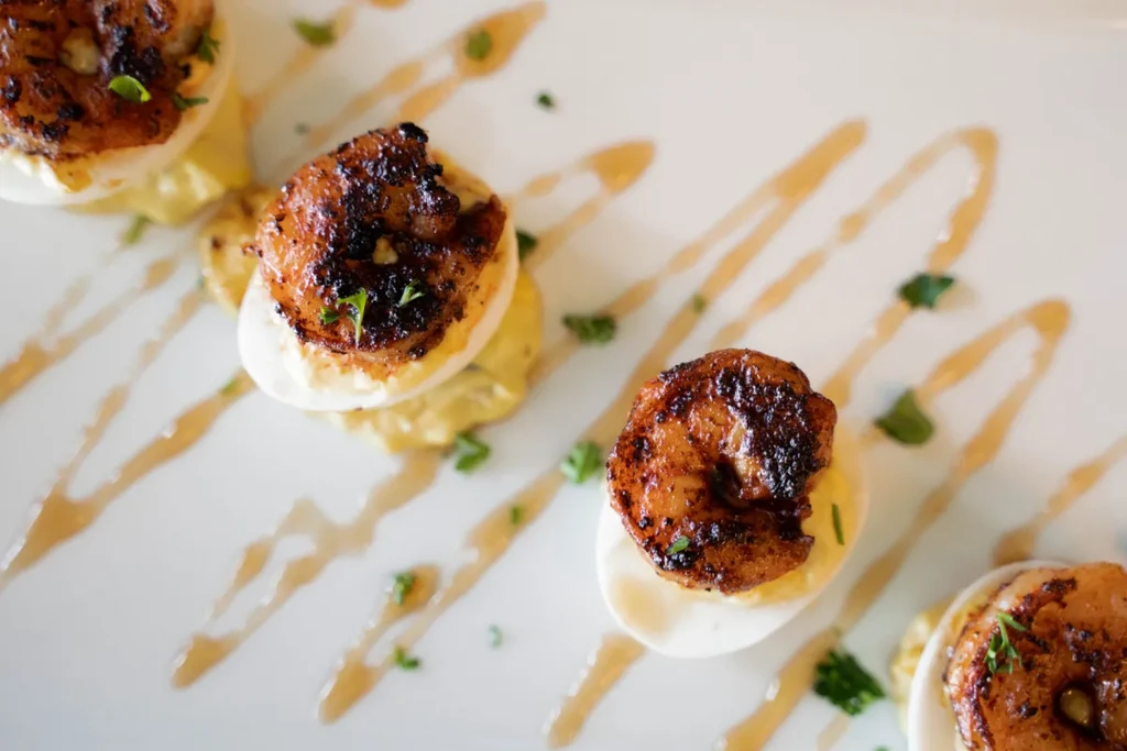 Seared shrimp atop deviled egg halves with green herb garnish.