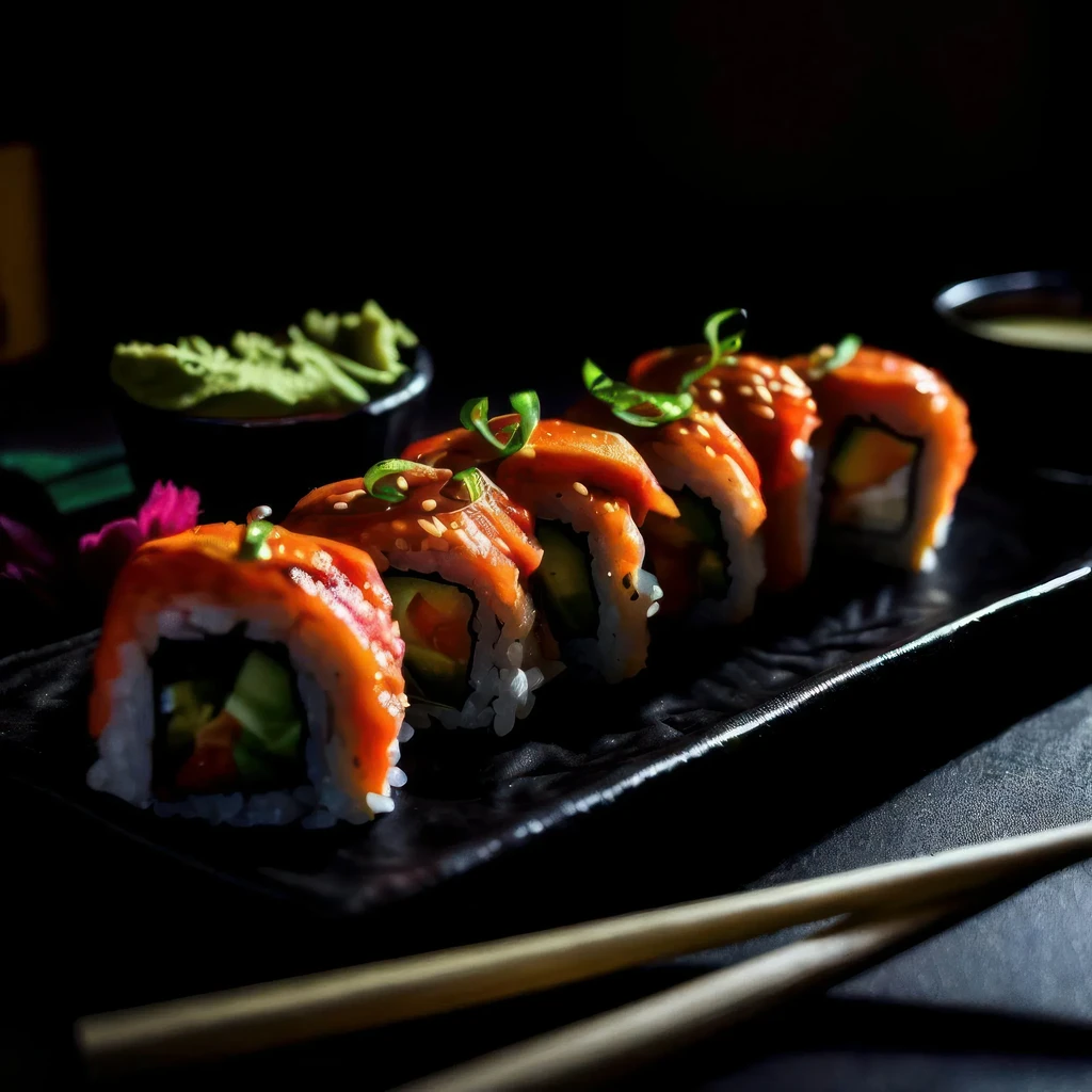 Six sushi rolls with red sauce, sesame, green onions on plate.