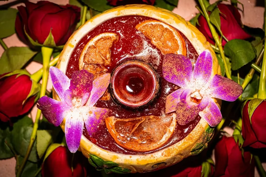 Reddish-brown drink, orange slices, purple orchids, red roses, overhead view.