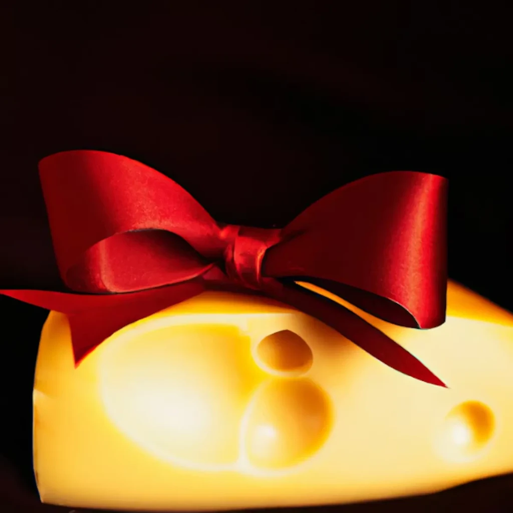 Yellow cheese wedge with holes, tied with a red bow.