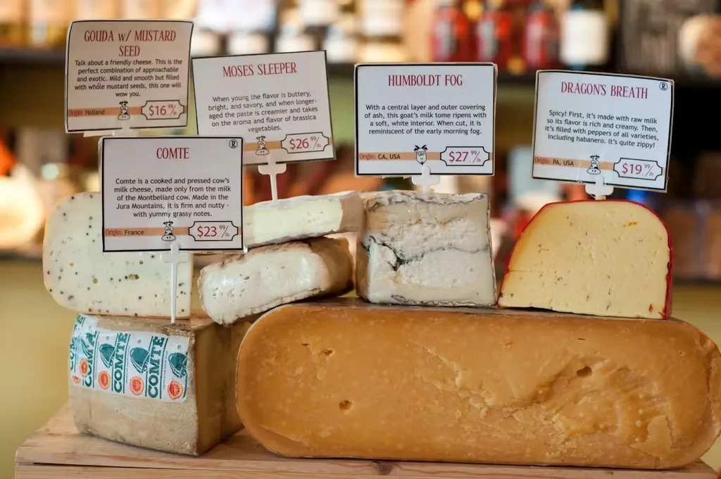 Assorted cut cheeses with descriptive labels on a wooden surface.
