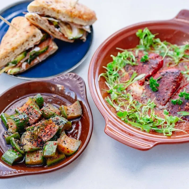 Focaccia sandwich, spicy cucumbers, and seared protein main dish.